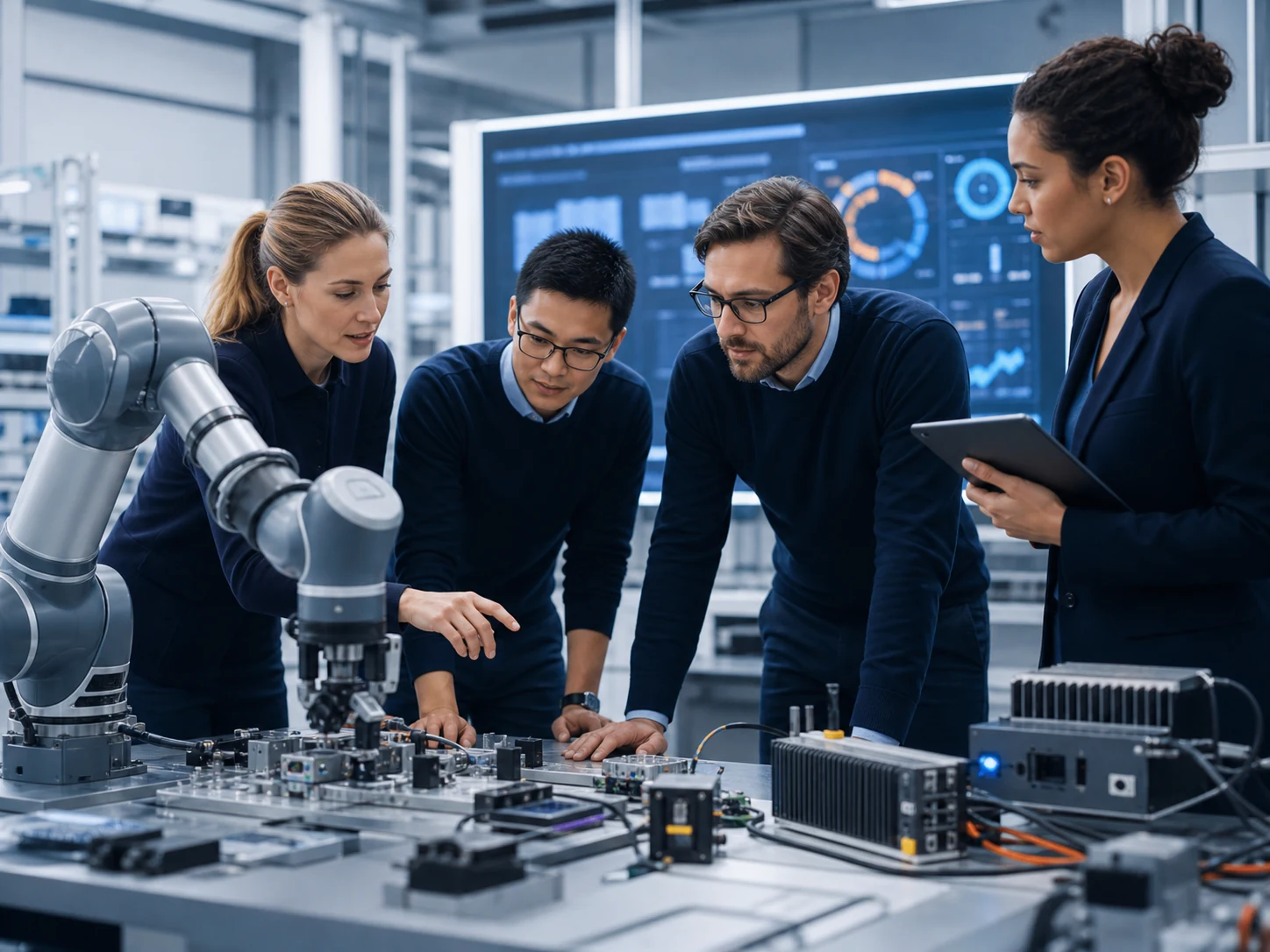 Engineering team working with robotics and industrial AI systems